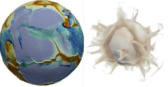 Images de la solution numérique au moment où un supercontinent (à gauche, en gris-violet) commence à se disloquer. © Nicolas Coltice