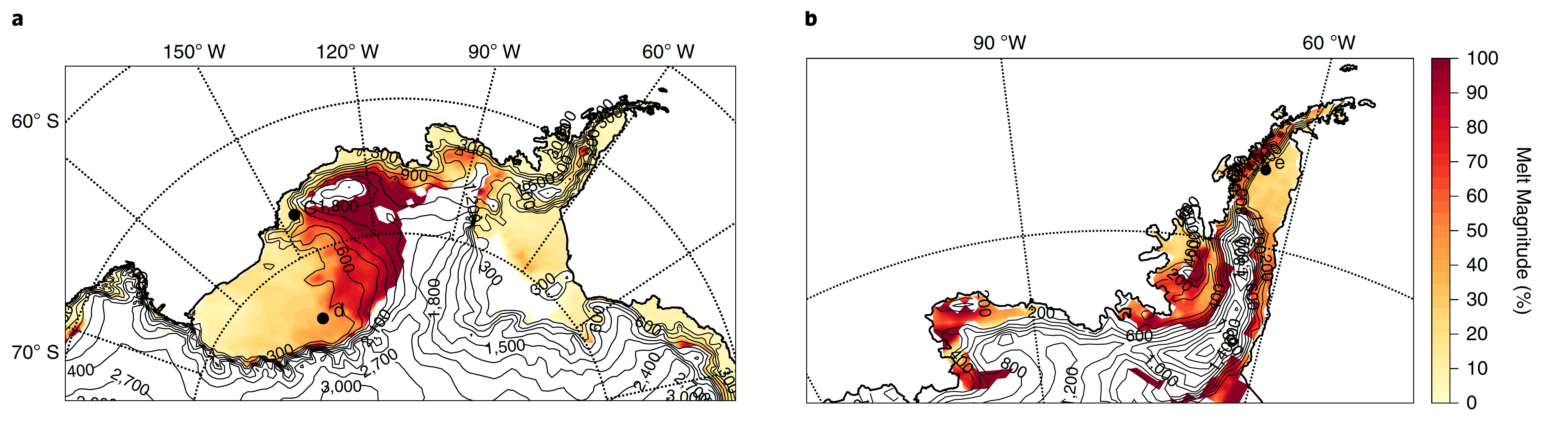 Pourcentage de la fonte totale expliquée par l’occurrence d’une rivière atmosphérique en été sur l’Antarctique de l’Ouest et la plateforme de Ross (figure de gauche) et en hiver sur les plateformes de la péninsule Antarctique et les glaciers de la région du glacier de Pine Island