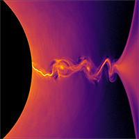 Densité de plasma magnétospherique simulée autour d'un trou noir en rotation maximale (l'horizon est en noir), © Kyle Parfrey